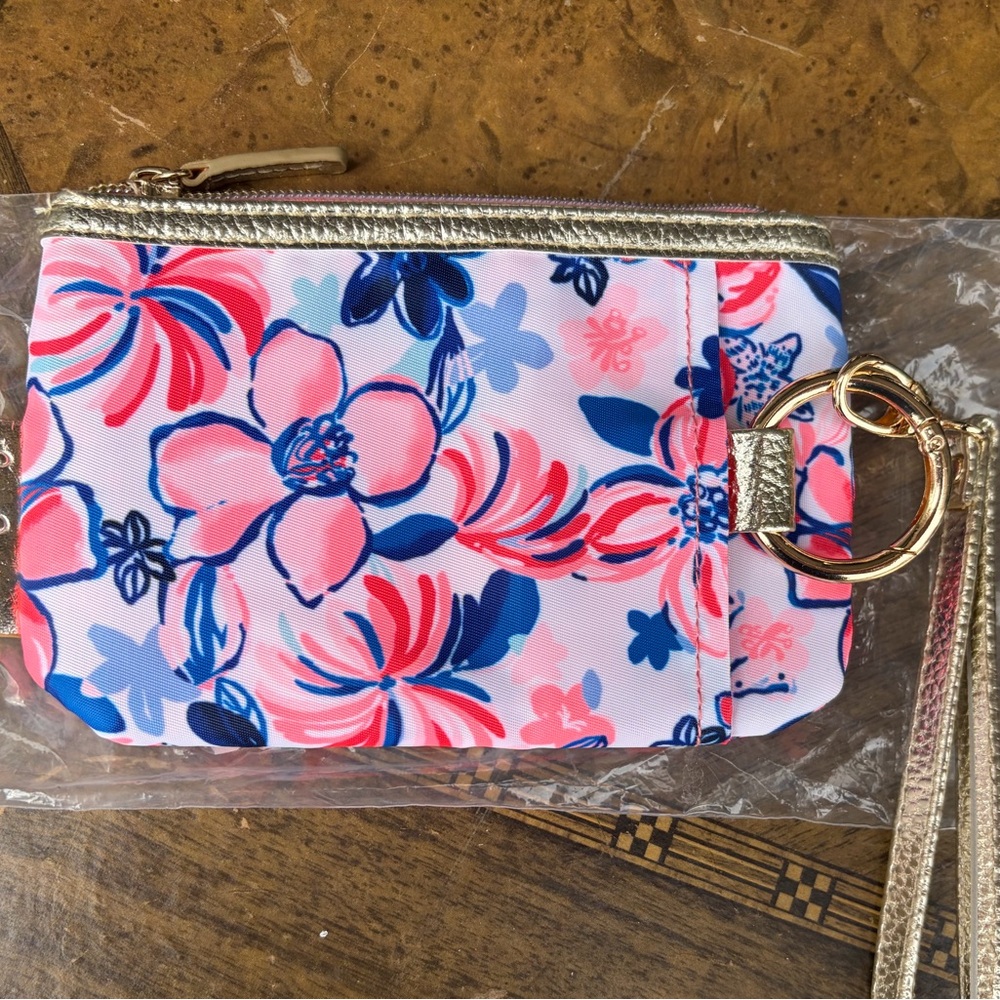 Lilly Pulitzer Pink Floral Wristlet with Navy & Coral Accents